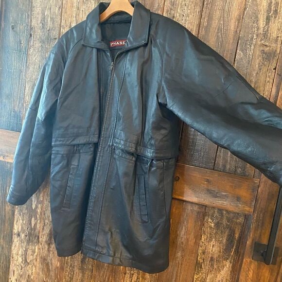 Phase 2 Vintage Black Leather Trench-Coat Shawl Collar Front Pockets Adj Waist - Picture 3 of 11